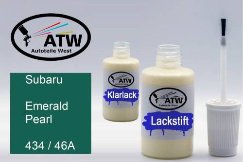 Subaru, Emerald Pearl, 434 / 46A: 20ml Lackstift + 20ml Klarlack - Set, von ATW Autoteile West.